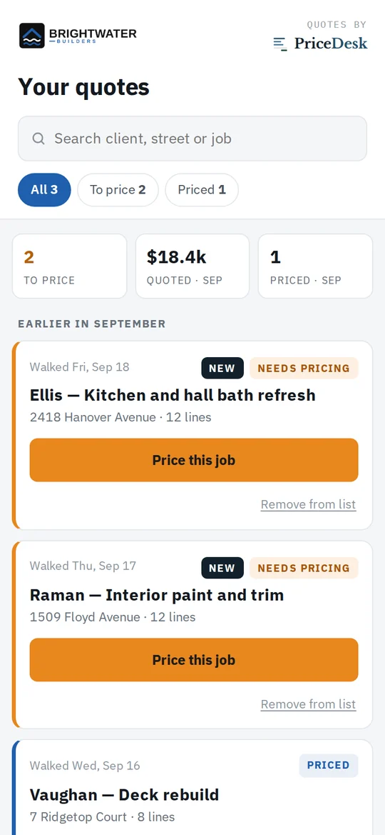 The jobs list: the contractor's logo, search, To price and Priced filters, monthly totals, and job cards.