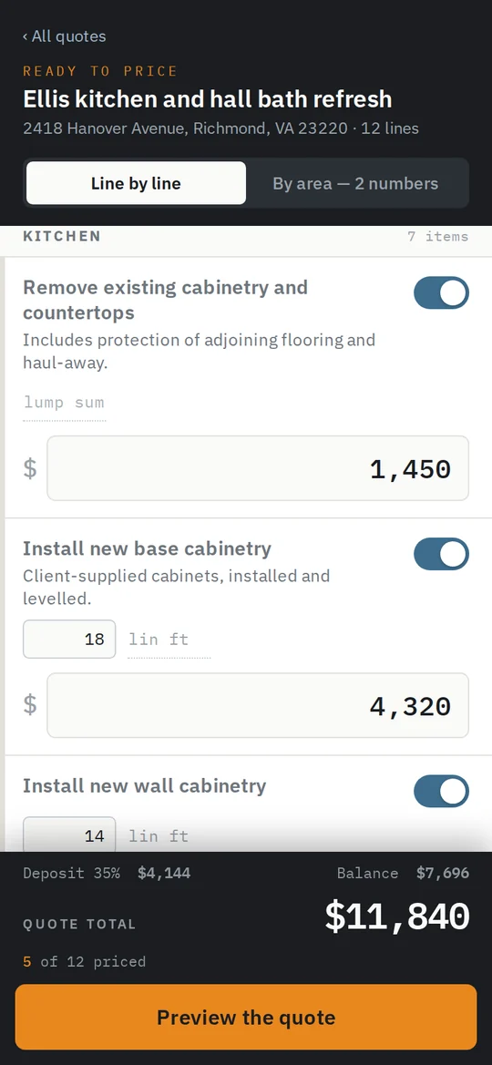 The pricing screen: each line of the scope with its quantity and a price box, and the running total.