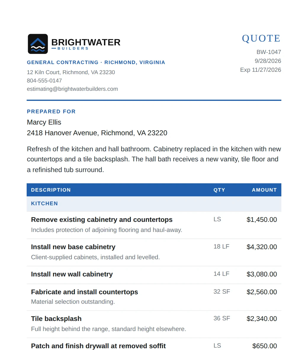 A sample PriceDesk quote in the contractor's branding: prepared for the client, a summary, and the kitchen scope with quantities and prices.
