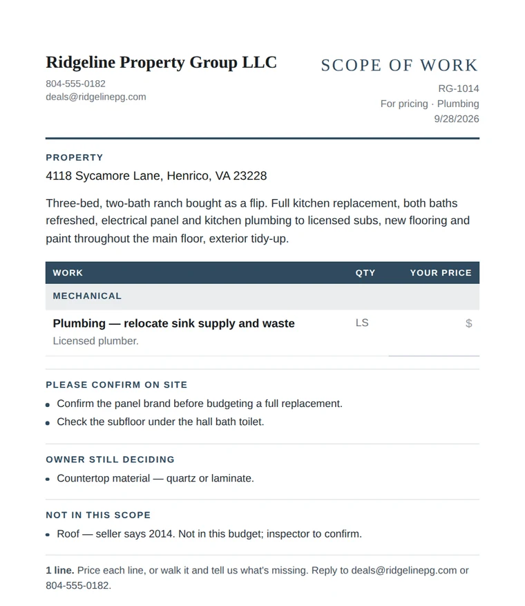 The Scope of Work filtered to plumbing: one line, with quantity and a blank price, plus the site notes.